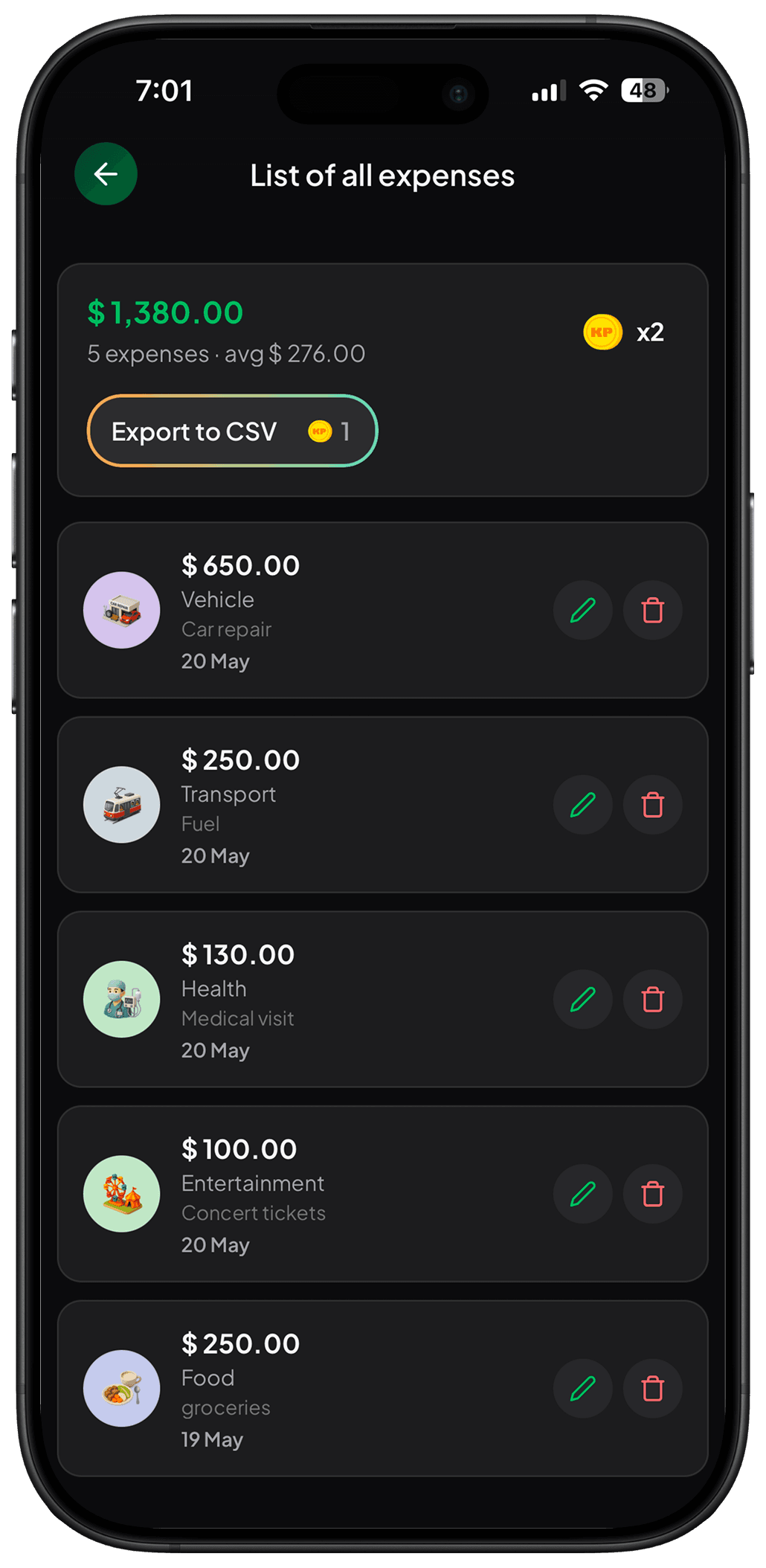 KP expense list screen