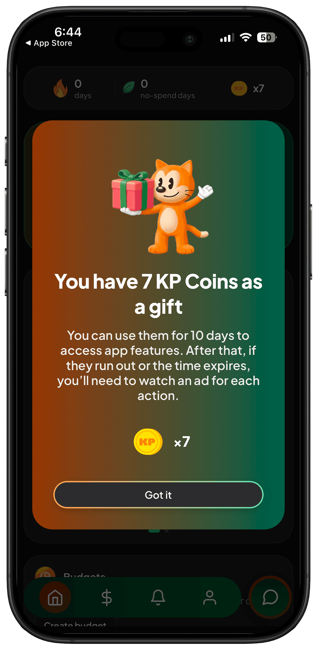 KP starter gift screen