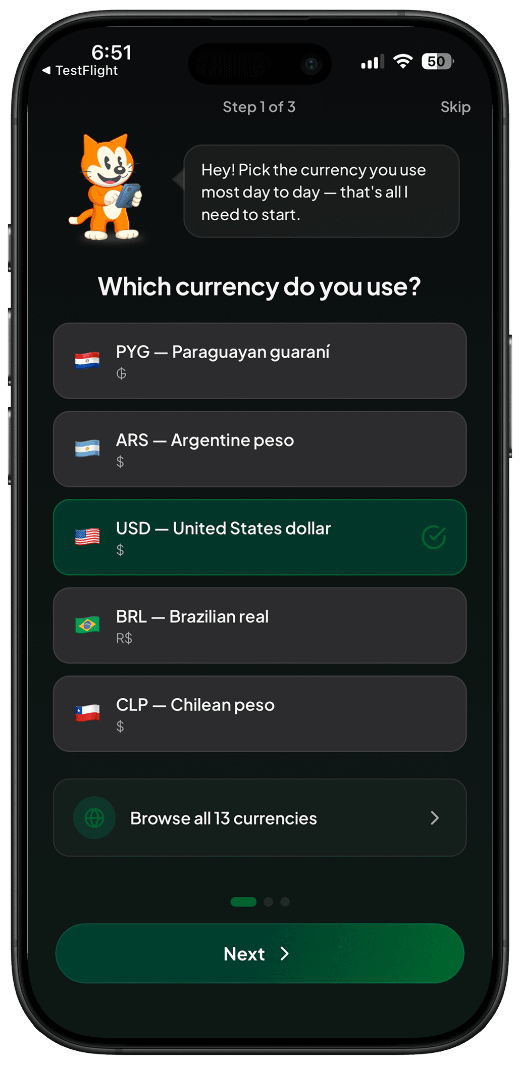KP currency selection screen