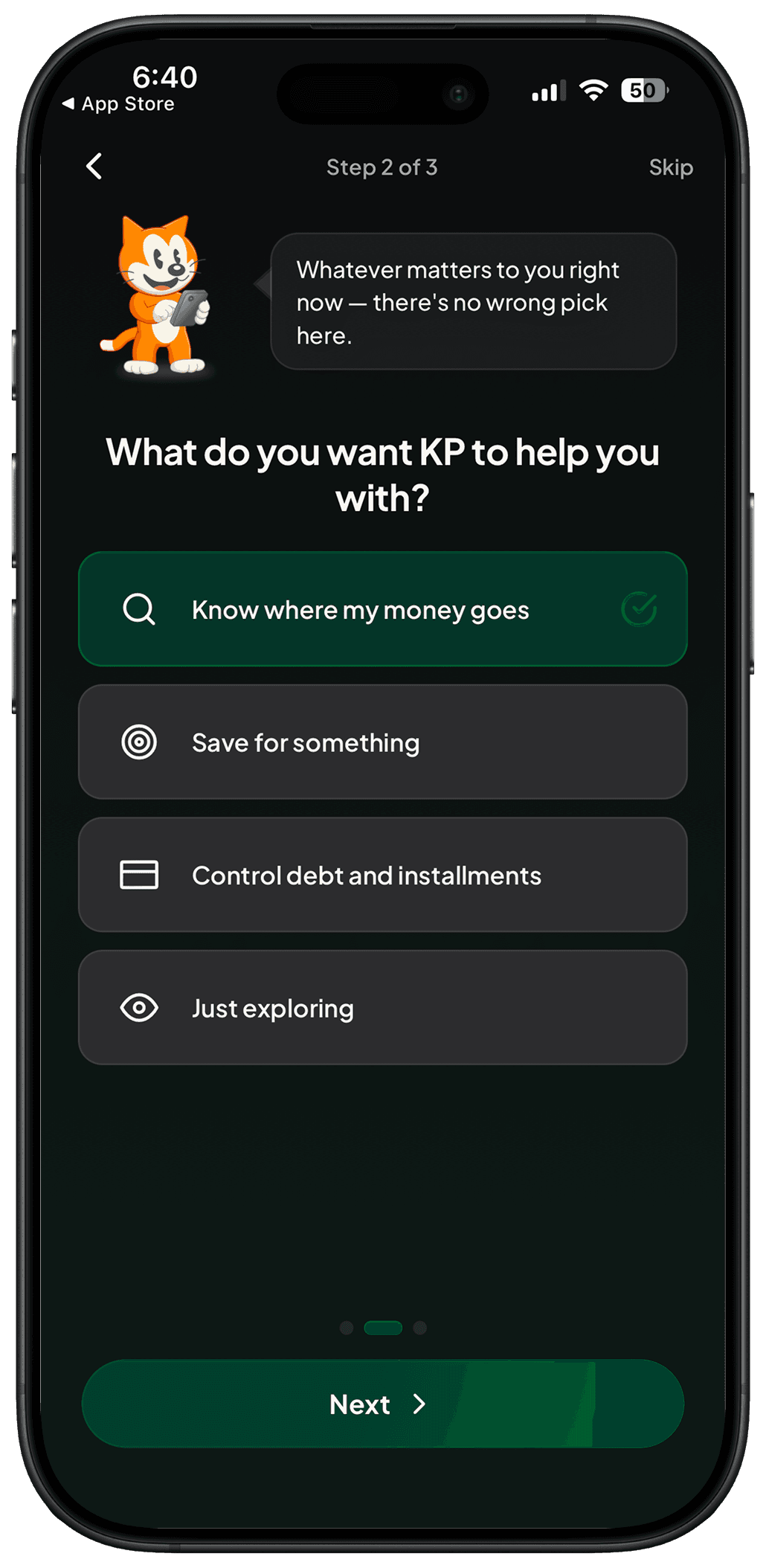 KP financial goal screen