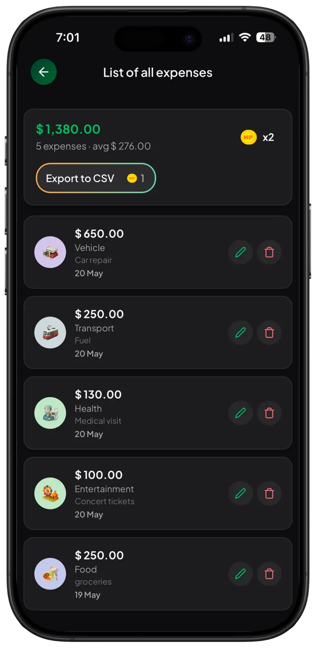 KP expense list screen