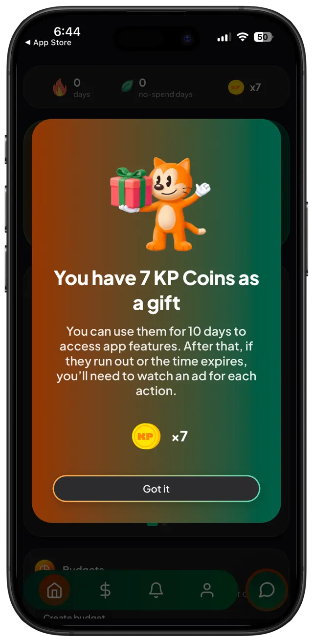 KP starter gift screen