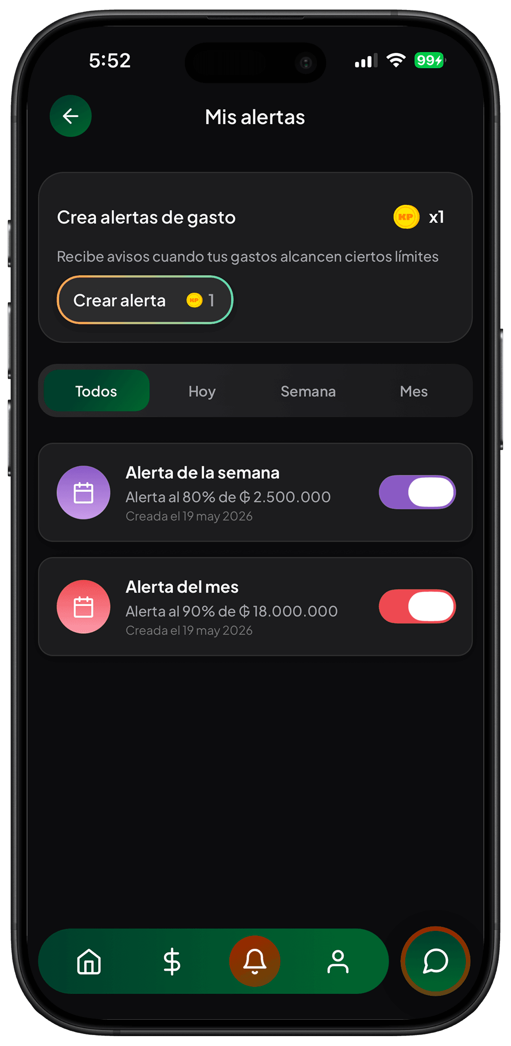 Pantalla de alertas de KP