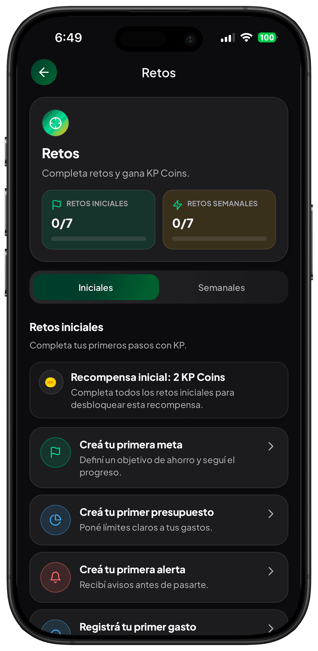 Pantalla de retos de KP