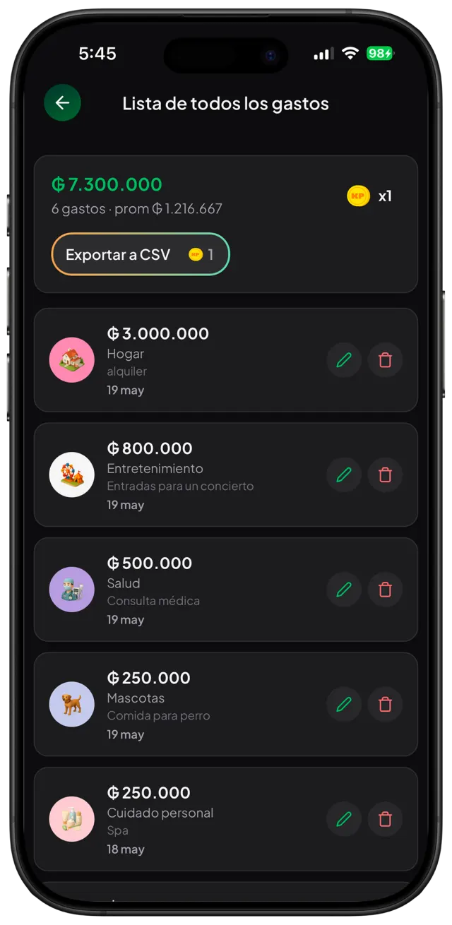 Pantalla de lista de gastos de KP