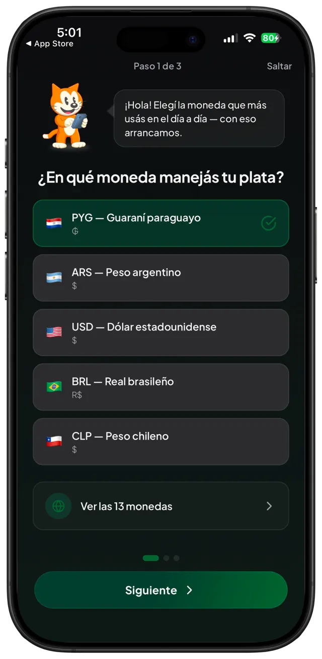 Pantalla de selección de moneda de KP