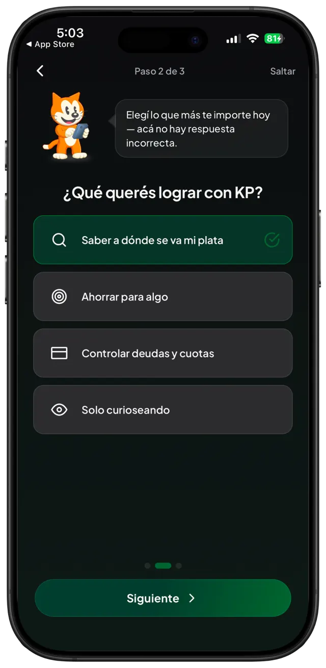 Pantalla de objetivo financiero de KP