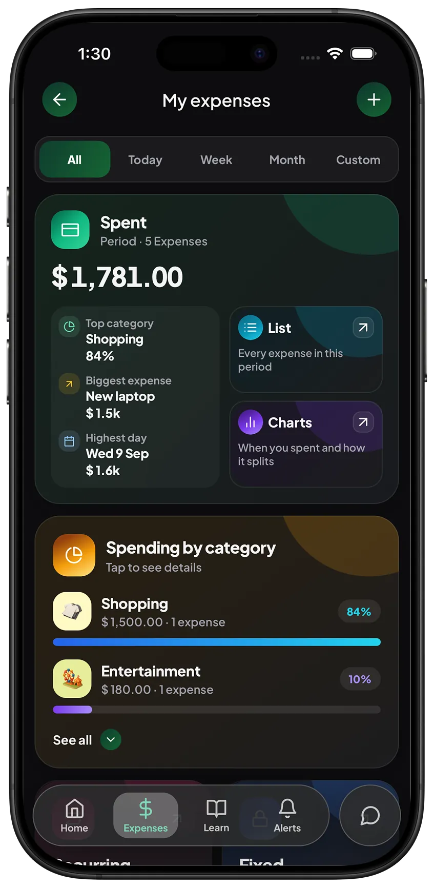 KP expenses screen with shopping, food, and other categories