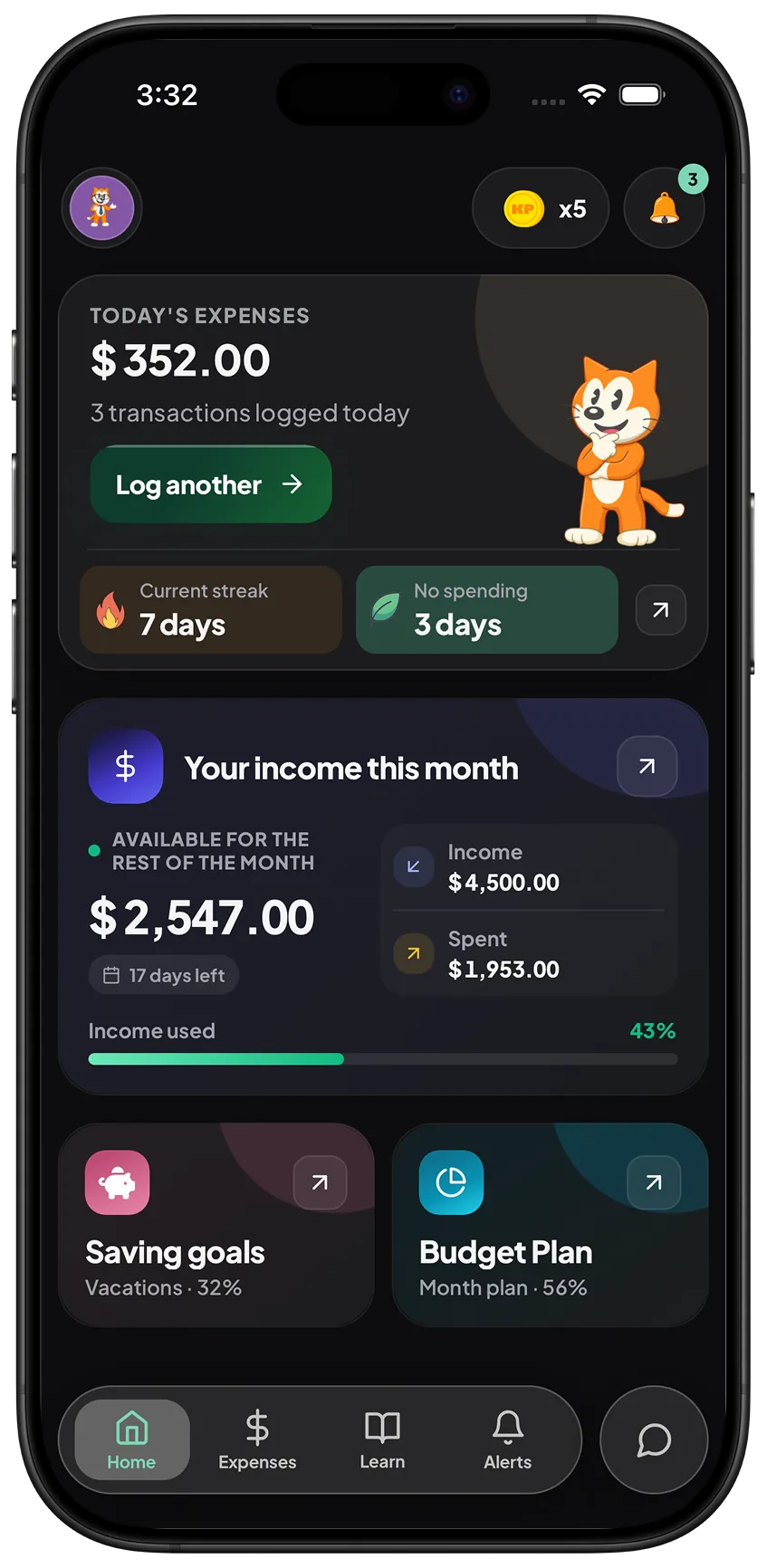 KP home with available budget, a vacation goal, and the cat mascot